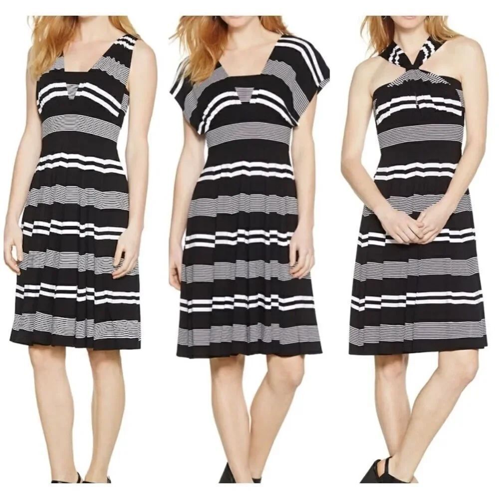 WHBM Genius Convertible Black & White Striped Sleeveless Midi Dress Size 4